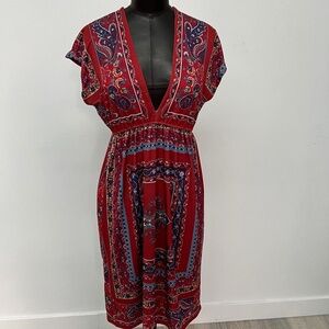 Boho Red Paisley Midi Dress | Deep V Neck Flowy Dress | Vacation Style